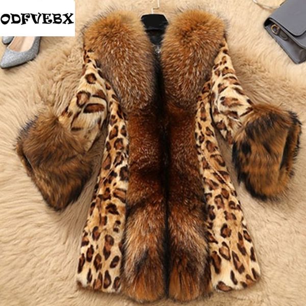 

2019fashion winter women faux fur leopard warm coat with raccoon dog collar faux fur poncho plus size loose parka outwearfemale, Black