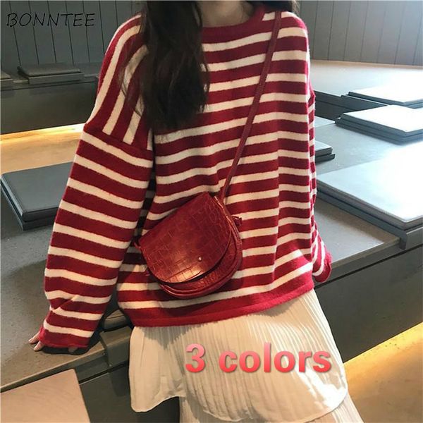 

knitting sweaters women striped simple soft sweet girls school causal womens o-neck chic harajuku korean style ulzzang vintage, White;black