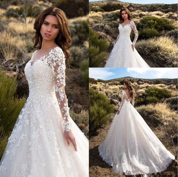 

gorgeous ivory sheer long sleeves wedding dresses backless lace tulle bridal gowns robe de mariage 2019 new arrival ba6671, White