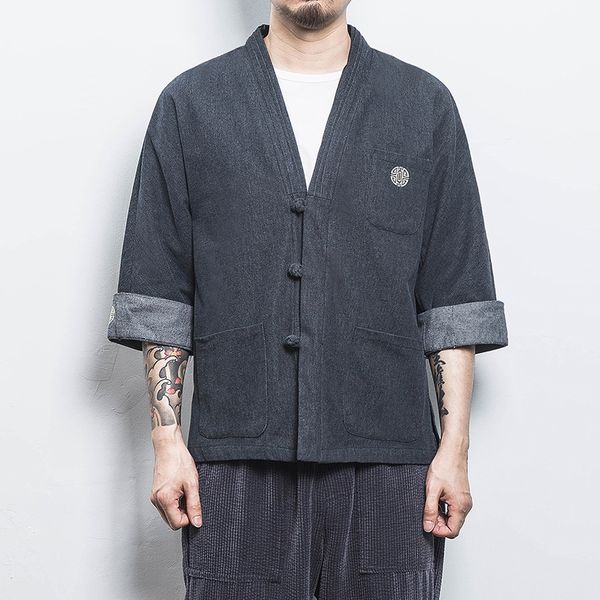 

мужские джинсовые рубашки 2020 summer men casual джемпер мужской китайский стиль рубашки три четверти streetwear open стежка рубашки мужчины, White;black