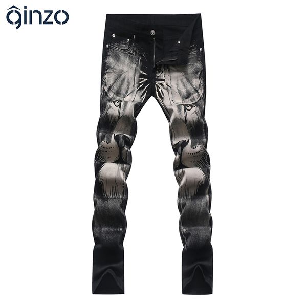 

men's fashion lion print jeans slim straight black stretch denim pants long trousers, Blue