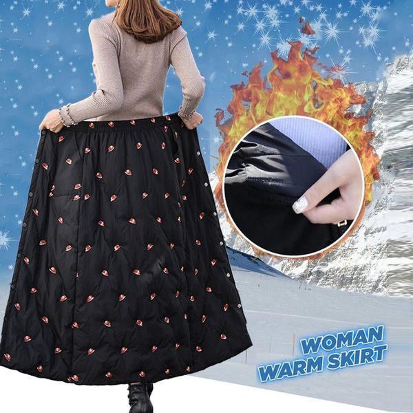 

women thick warm high waist buttons long a-line zipper skirt skiing walking hiking office lady black warm down skirt women