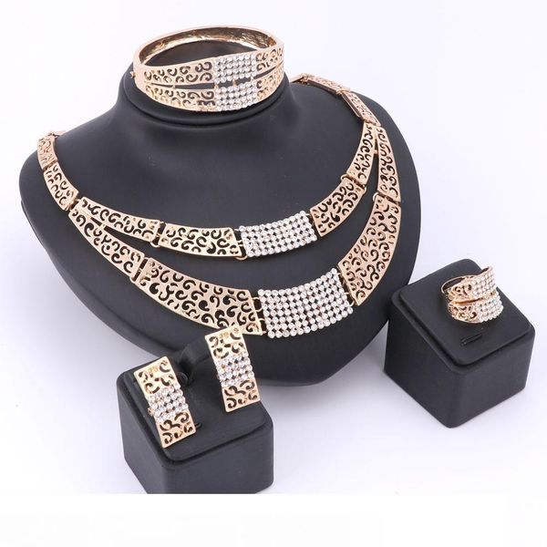 

african fashion charm luxury new gold plated crystal necklace earrings ring bracelet bridal jewelry sets for women wedding party, Slivery;golden