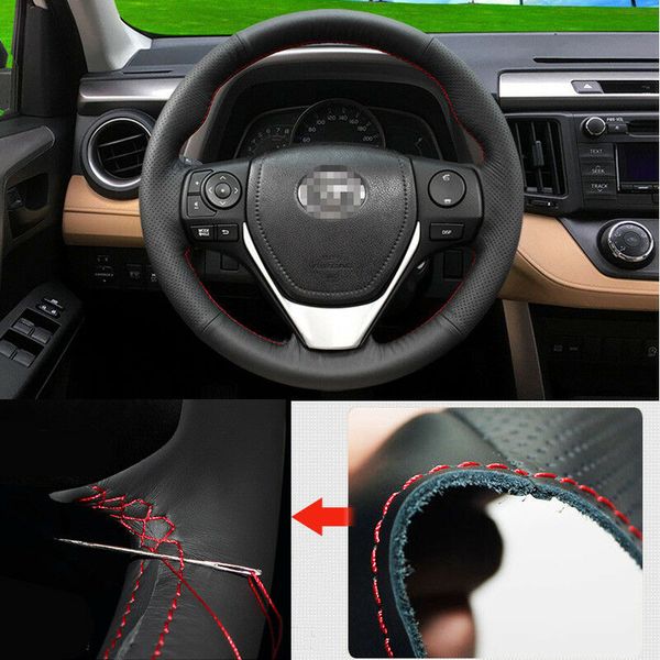 

for toyota rav4 2015 steering wheel cover non-slip hand sewing black leather