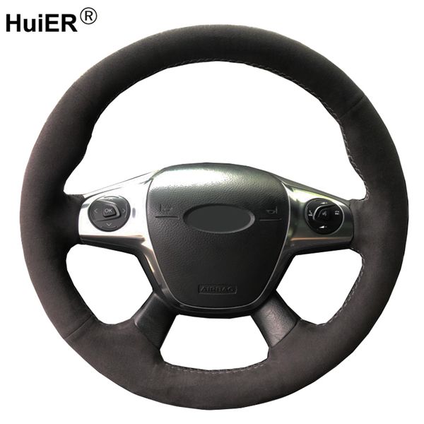 

hand sewing car steering wheel cover cow leather suede wrap for focus 3 2012-2014 kuga escape 2013-2016 c-max 2011-2018