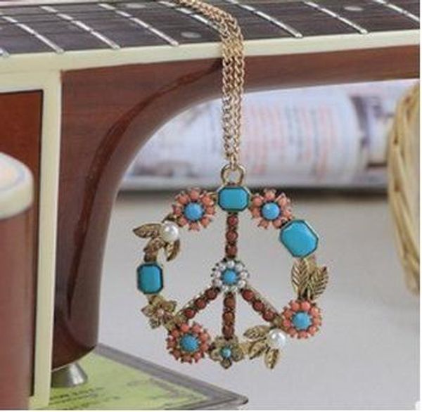 

long chain choker pendants necklaces sweater anti-war peace symbol pendant necklace anti-war flower necklace, Silver