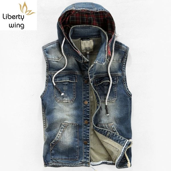 

men's vests mens sleeveless jacket safari style hoody waistcoat washed denim slim fit outwear multi pockets gilet casual colete mmascul, Black;white