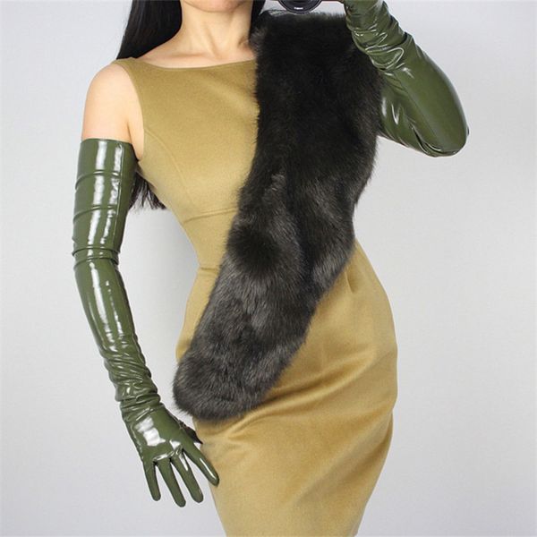 

70cm extra long patent leather gloves long section opera emulation leather sheepskin pu touchscreen dark green female wpu60-70, Blue;gray