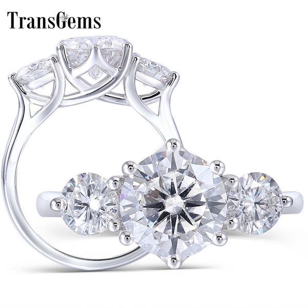 

transgems 14k white gold 3.5ctw center 2.5ct 8.5mm and side 0.5ct 5mm f color moissanite 3 stone engagement ring trilogy ring y19061203, Slivery;golden