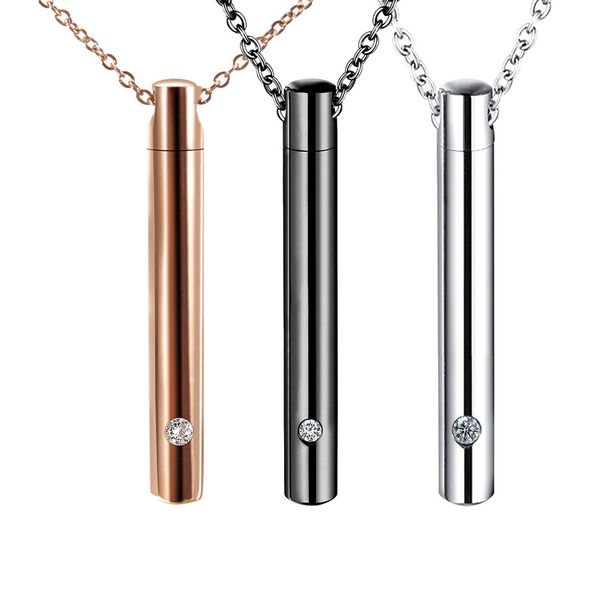 

stainless steel 3 tone jewelry cylinder crystal memorial urn pendant slide screw opens cremation necklace ash case holder, Silver