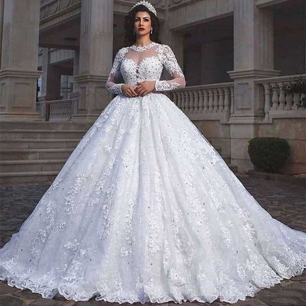 

2019 Princess Sheer Ball Gown Wedding Dresses Long Sleeve Lace Appliques Beads Puffy Muslim Dubai Arabic Wedding Dresses Bridal Gown Custom