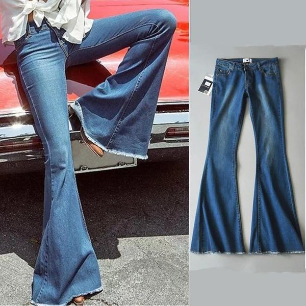 Compre Vintage Cintura Baja Elastico Flare Jeans Mujeres Estilo