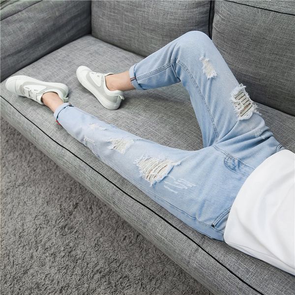 

men's korean version of 9.9-point hollow jeans in spring men jeans, Blue