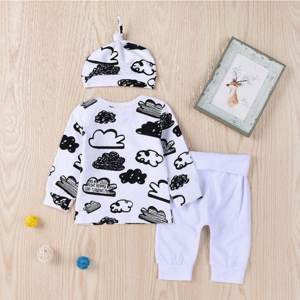 

baby boy clothes 2018 autumn baby girl clothing sets newborn cotton cloud printed long sleeve t-shirt+pants+cap kids 3pcs suit, White