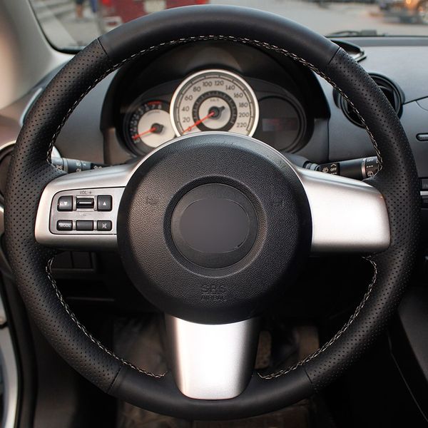 

black synthetic leather car steering wheel cover for mazda 2 2008-2014