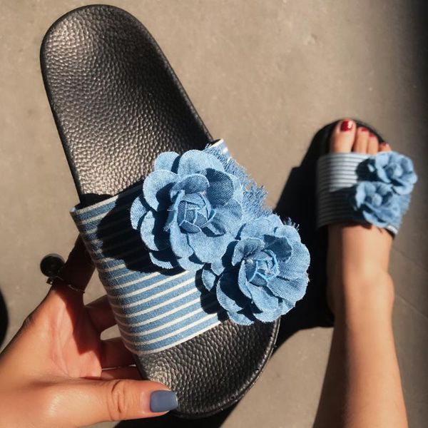 

summer women slippers denim flowers braid slides open toe female casual flip flops fashion cut out sandals mujer shoes, Black
