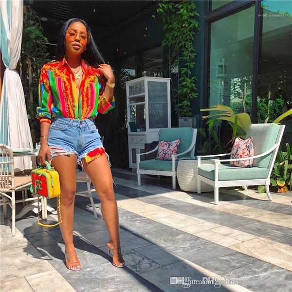 

printed blouse casual female lapel neck shirts fashion designer shirts with button trendy female digital, White