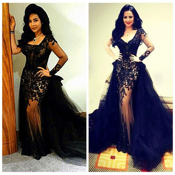 

sweetheart long sleeves lace appliques mermaid prom dresses 2019 modest tulle long evening gowns middle east special occasion gowns, Black