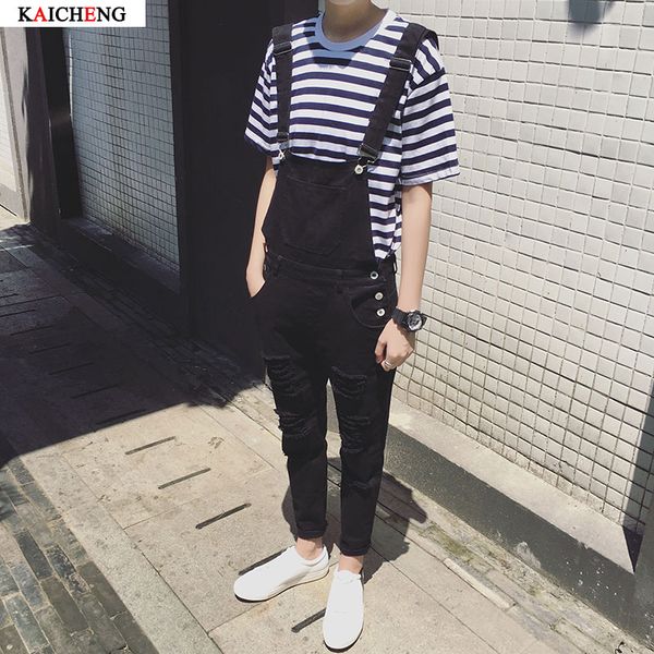 

male suspenders 2016 new brand casual black and white denim overalls ripped jeans pockets men's bib jeans boyfriend jumpsuits, Blue