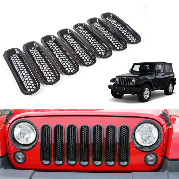 

7pcs abs black grille decorative ring with mesh buckle fit jeep wrangler 2007-2015 car exterior decoration accessories