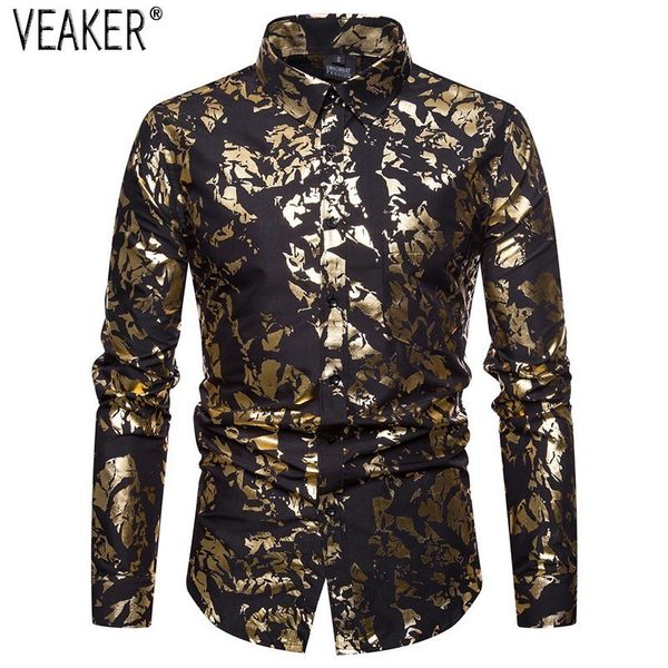 

2019 new men side satin party shirts men's printed business casual shirt slim fit long mouw gold black print shirts s -2xl, White;black
