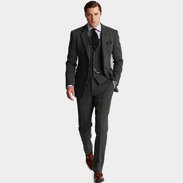 Neue Slim Fit Zwei Knöpfe Dunkelgrau Hochzeit Bräutigam Smoking Kerbe Revers Groomsmen Herren Anzüge Prom Blazer (Jacke + Hose + Weste + Tie) 169