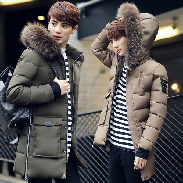 

men's down & parkas long cotton padded jacket for men and teenagers korean version raccoon dog, duck, Black