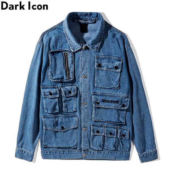 

dark multiple pockets cargo jeans jacket men street fashion denim men's jackets 2019 new, Black;brown