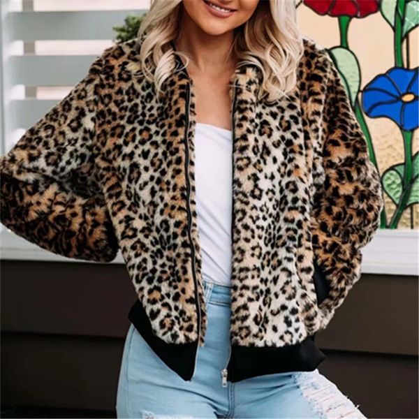 

women clothes 2019 stand collar zipper loose leopard print women jacket casaco feminino jaqueta feminina coat, Black;brown