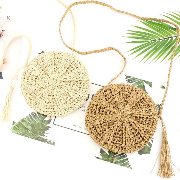 

2019 new round women lady handmade knitted woven rattan bags straw messenger beach bag girl national handbags messenger bags
