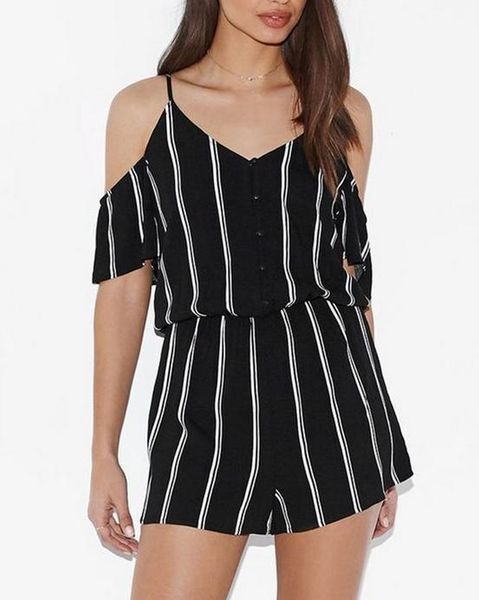 

women playsuit striped 2019 summer clubwear v neck off shoulder playsuits bodycon party jumpsuit romper short trousers, Black;white