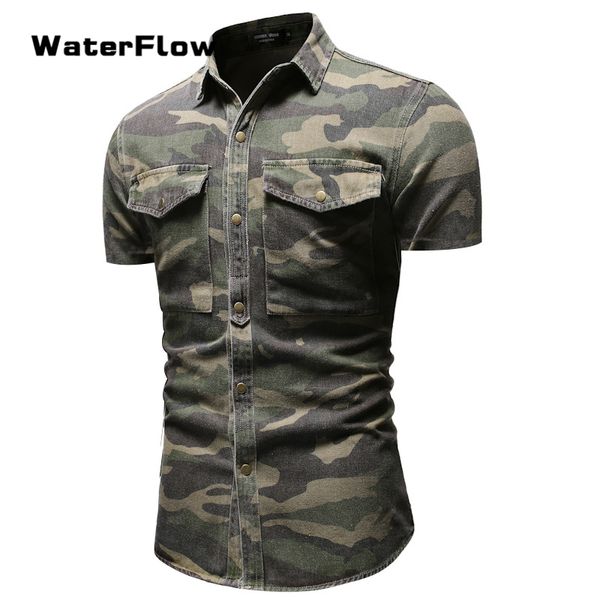 

2019 camouflag casual short sleeved men's shirts slim fit button shirt pocket tactics man shirt male blouse 3xl plus size, White;black
