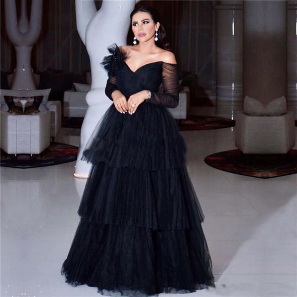 

off the shoulder black prom dresses 2019 long sleeves pleat tiered skirt long arabic evening formal dress 2019 prom gowns, White;black