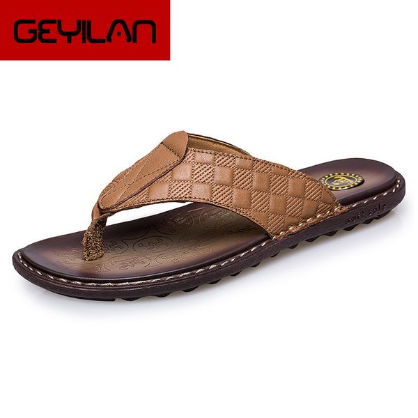 

slippers summer men flip flops fashion genuine leather beach shoes leisure flat sandals male slides footwear, Black