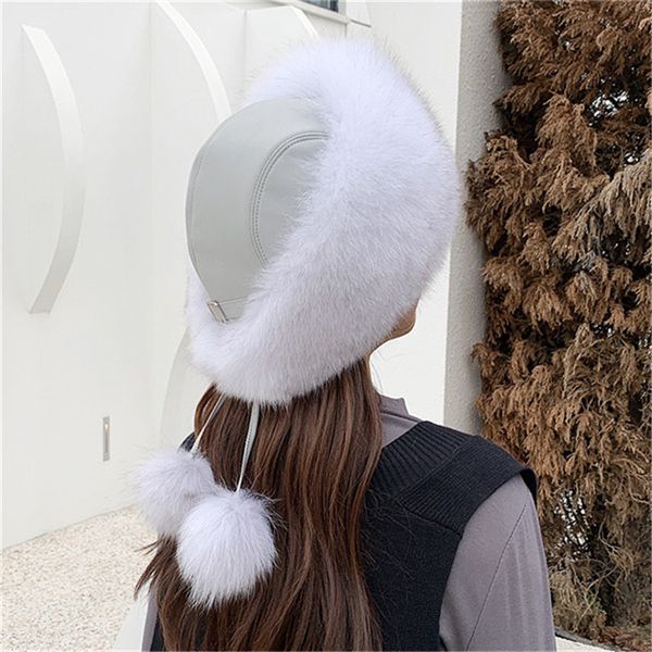 Hot Sale Womens real Fox Fur and couro real Quente Hat Russian Ushanka Inverno Aviator Trapper Bomber Ski Cap Earmuffs