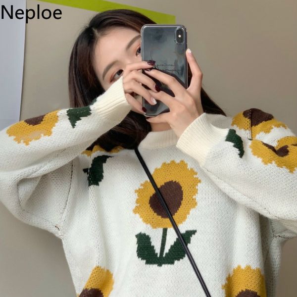 

neploe loose pullover winter clothes fashion sunflower jacquard o neck long sleeve pullover sweater knit jumper pull femme 48317, White;black