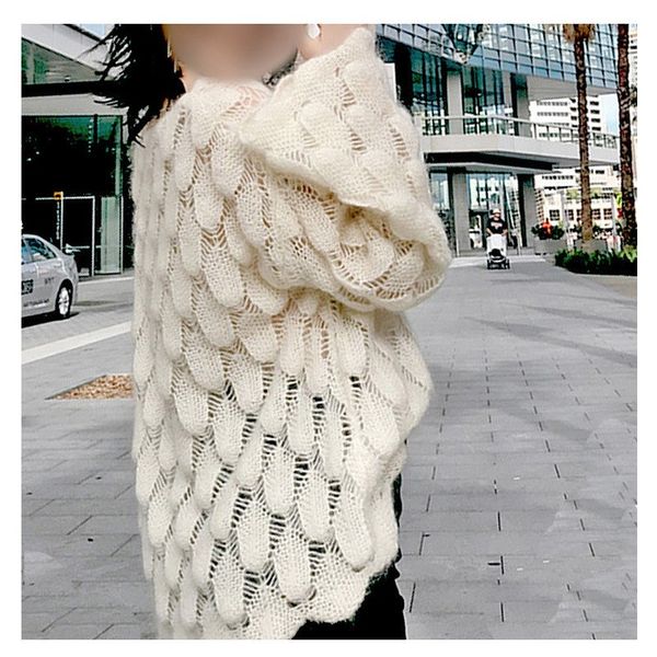 

2019 vintage round neck hollow out knitted autumn solid color pullover sweater casual long sleeve loose sweater, White;black