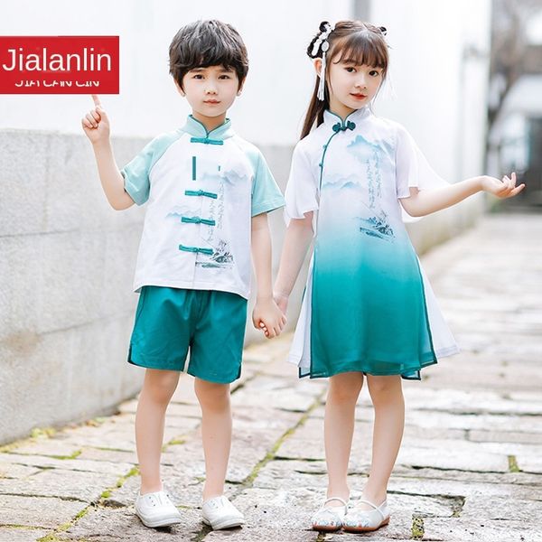 

kindergarten summer suit theme costume ethnic clothing new chinese style children's class uniform national style primary school uniform, Red