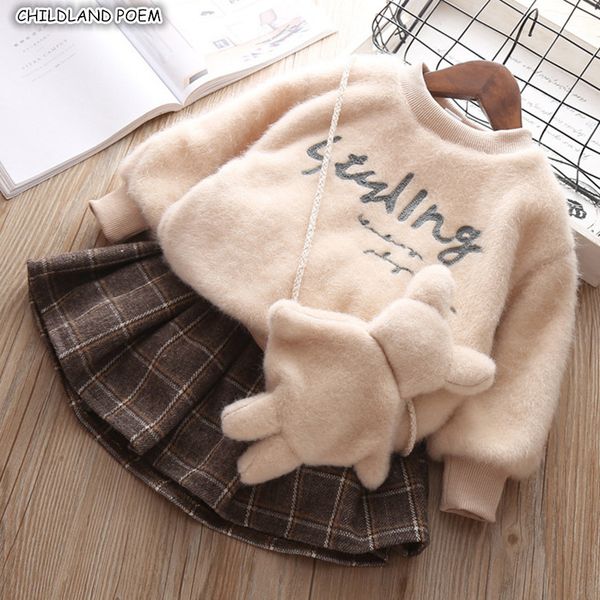 

kids clothes set for girl winter springtoddler baby girl clothes coat +skirt thick velvet girls clothing set t200413, White