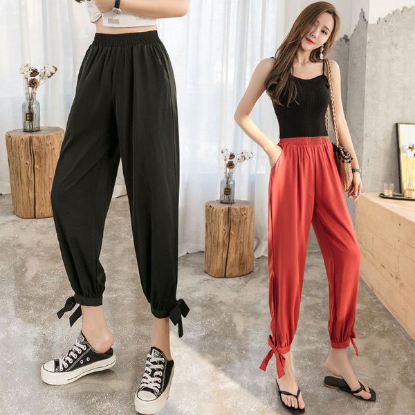 

2020 new spring autumn women casual beam feet drape slit pants female vintage elastic high waist solid loose harem trousers n78, Black;white