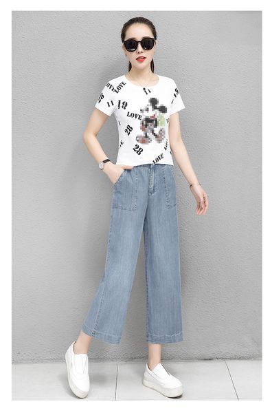 

light blue web celebrity loose sense light color cowboy trousers nine points