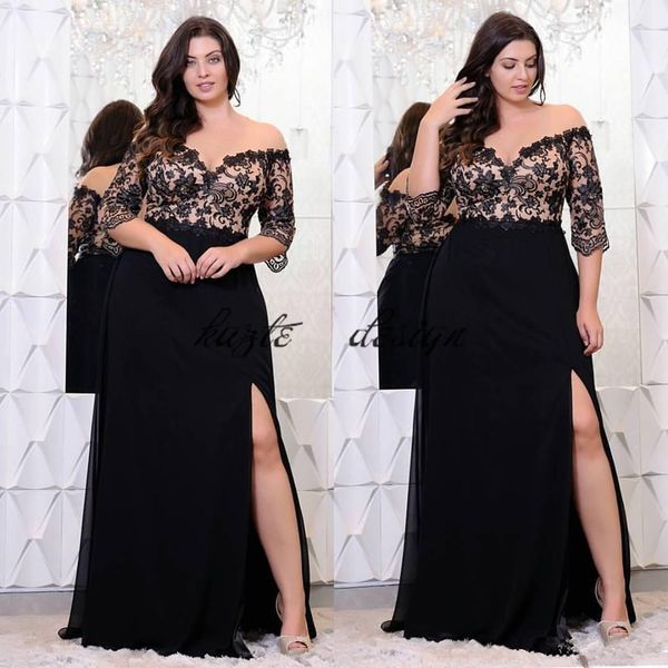 Black Chiffon Split Long Evening Dresses 2019 Sheer Long Sleeves Tulle Lace Applique Floor Length Plus Size Pageant Celebrity Prom Gowns Black Tie