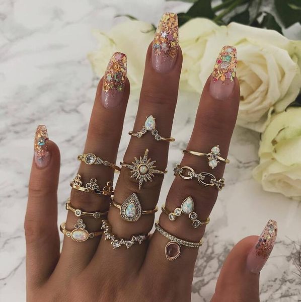 

12 pcs/set six stars bohemian vintage women alloy star moon shape finger rings punk rings set, Golden;silver