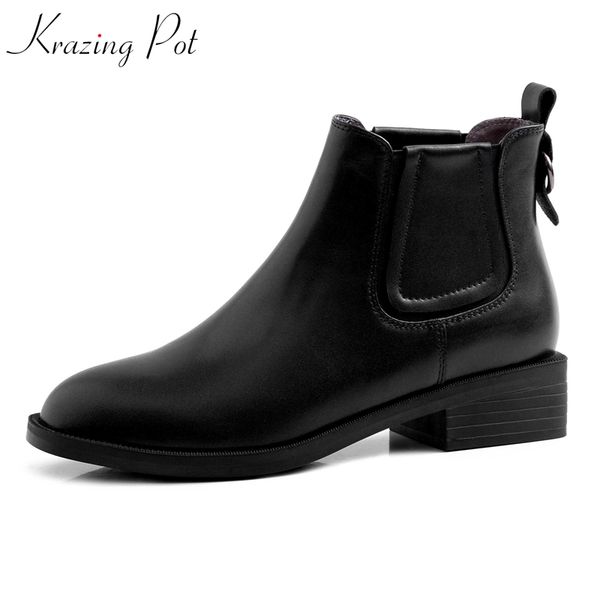 

krazing pot 2019 genuine leather slip on metal decoration med heels round toe superstar western concise design ankle boots l70, Black