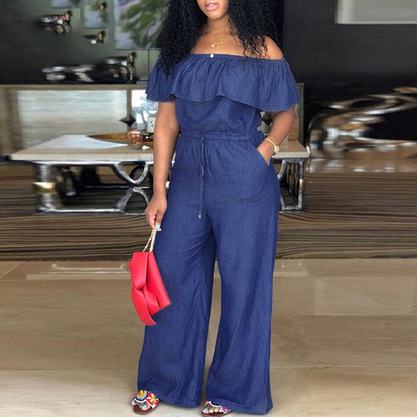 

бесплатная доставка комбинезон деним лето sexy разрез шеи плеча оборками плюс размер легкий костюм с шортами широкие брюки ноги, Black;white