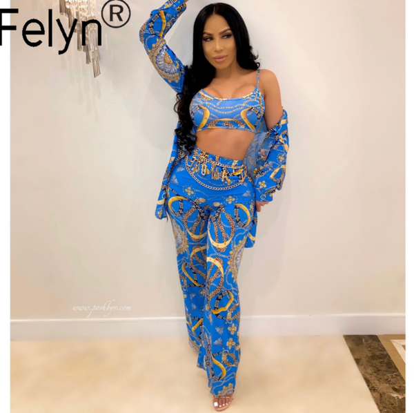 

felyn 2020 ins internet celebrity famous 3 pieces women set luxury print long outwear 2 pieces summer night club suits bb2011, White