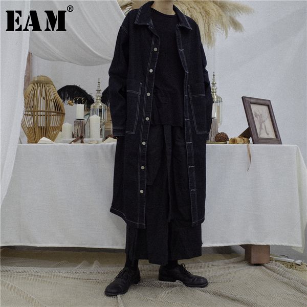 

women's trench coats [eam] 2021 spring full sleeve turn-down collar loose button wide-waisted denim coat winfbreaker women fashion tide, Tan;black