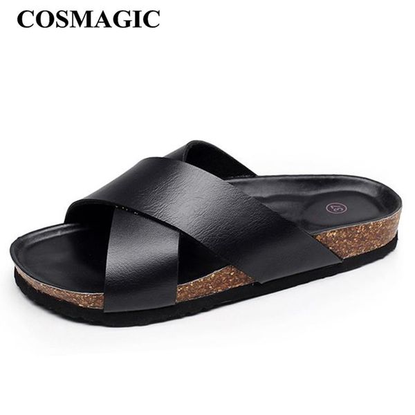 

cosmagic 2019 fashion men beach cross cork slippers summer solid color non-slip outside leather slide shoe high quality, Blue;gray