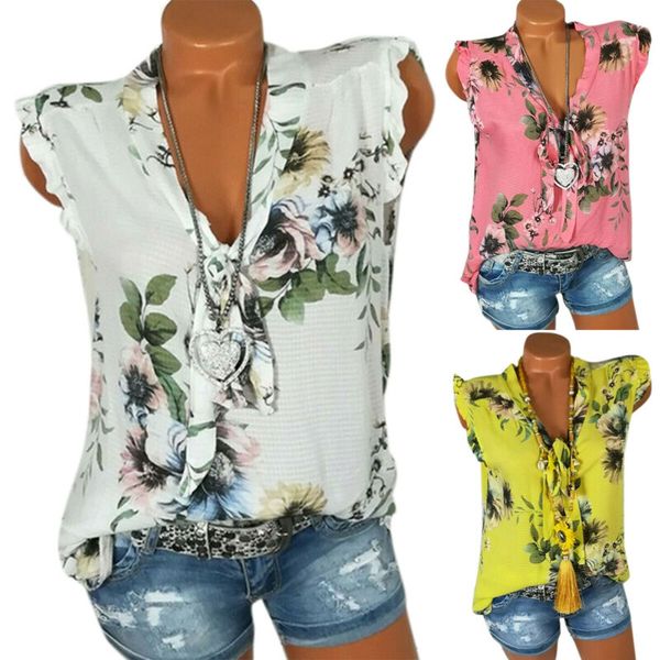 

women floral lace up sleeveless tunic baggy t shirts casual blouse summer, White