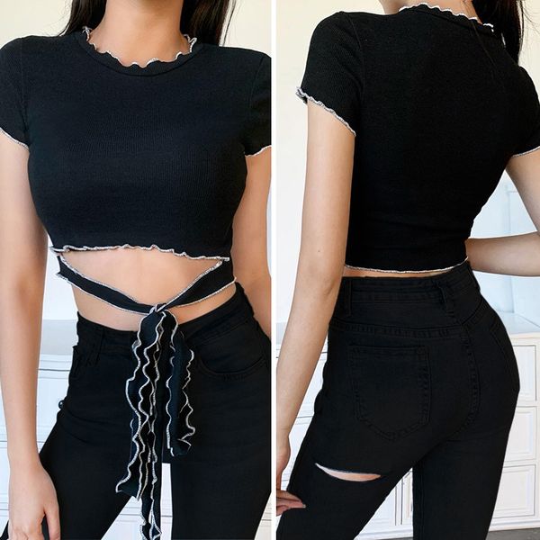 

women's blouses & shirts women short sleeve slim o neck bandage fitness gothic cotton crop black, White